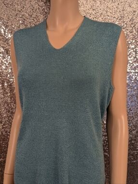 ​Vintage Sasson Metallic Teal Blue Knit V-Neck Tank Top XL